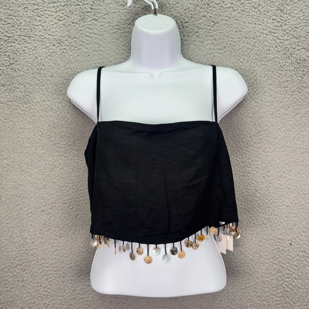 Jason Wu Tank Top Womens 4 Black Crop Beaded Fringe Boho Festival Linen $425